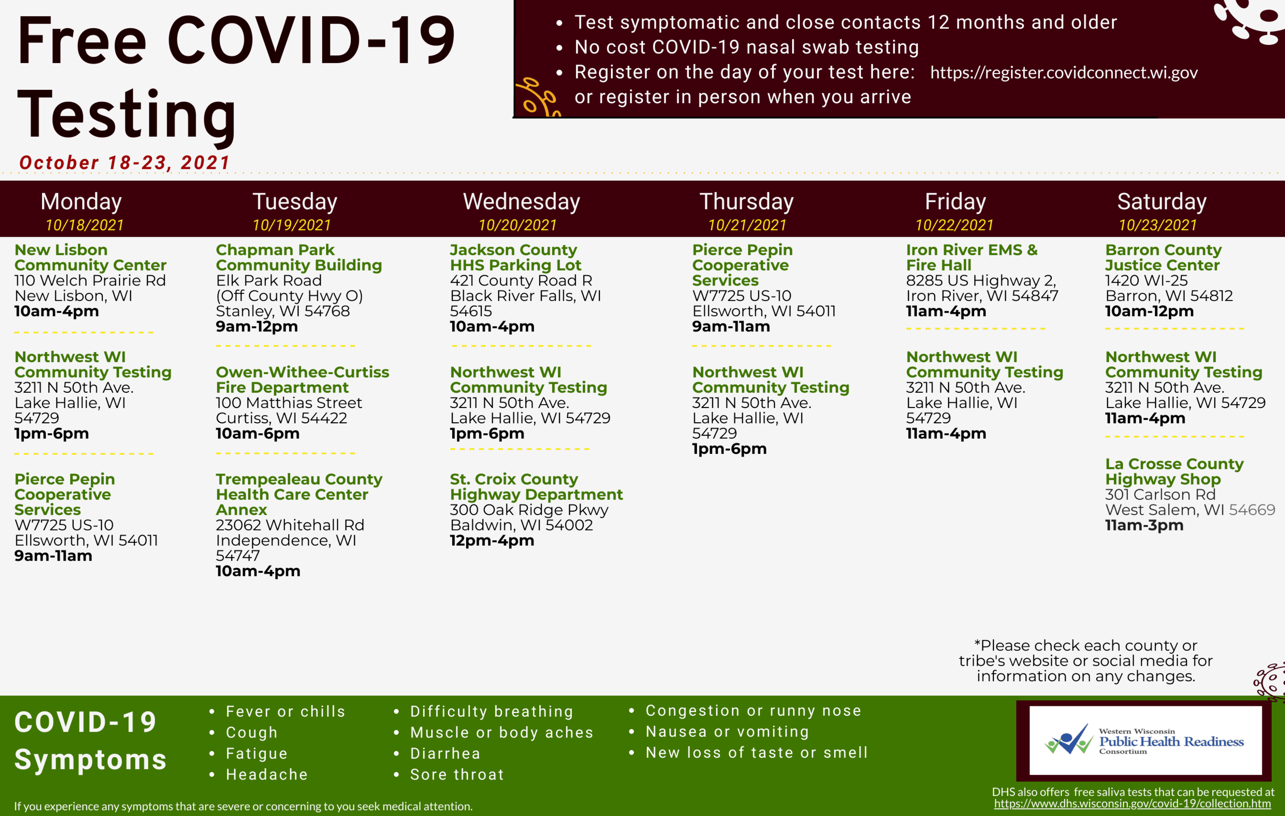 Schedule of Free Covid-19 Testing in Wisconsin for October 18-23, 2021